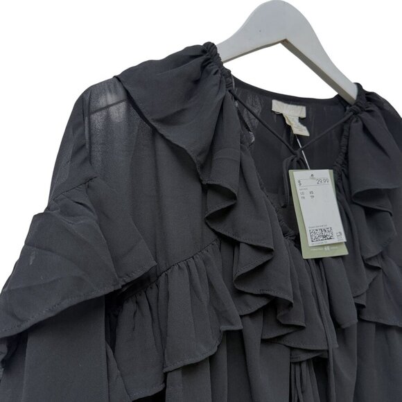 H&M Ruffle Blouse Black XS Oversized Chiffon Peasant Poet Flowy Top NWT - Picture 6 of 9